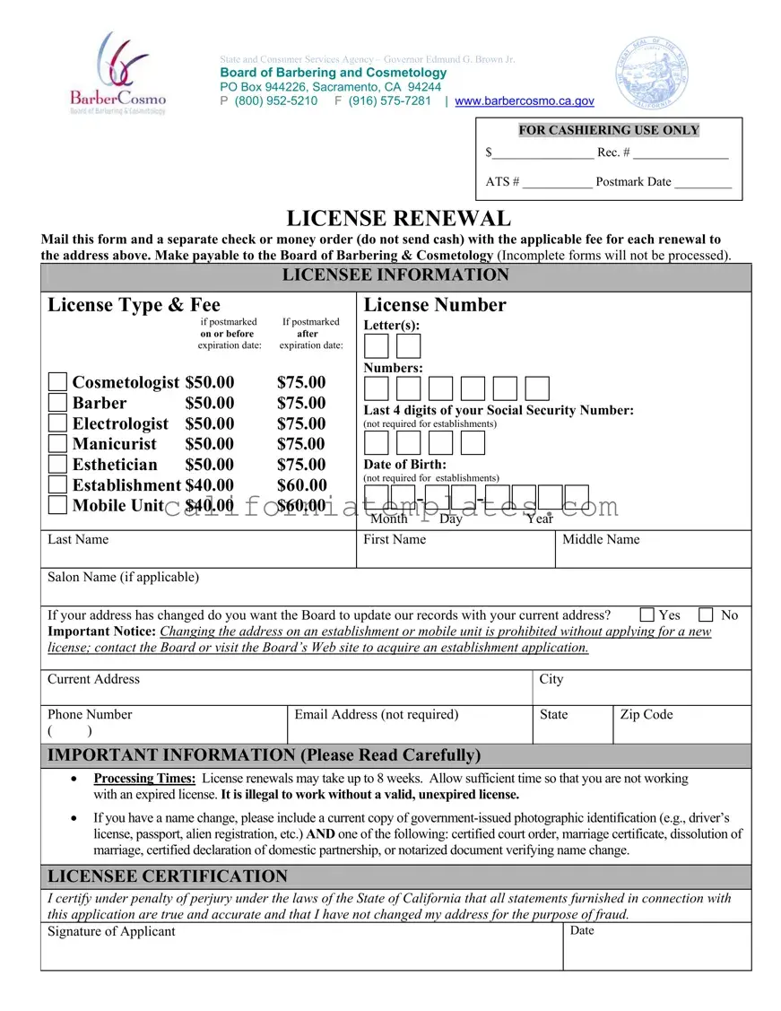 Fill Out Your Cosmetology License Renewal California Template
