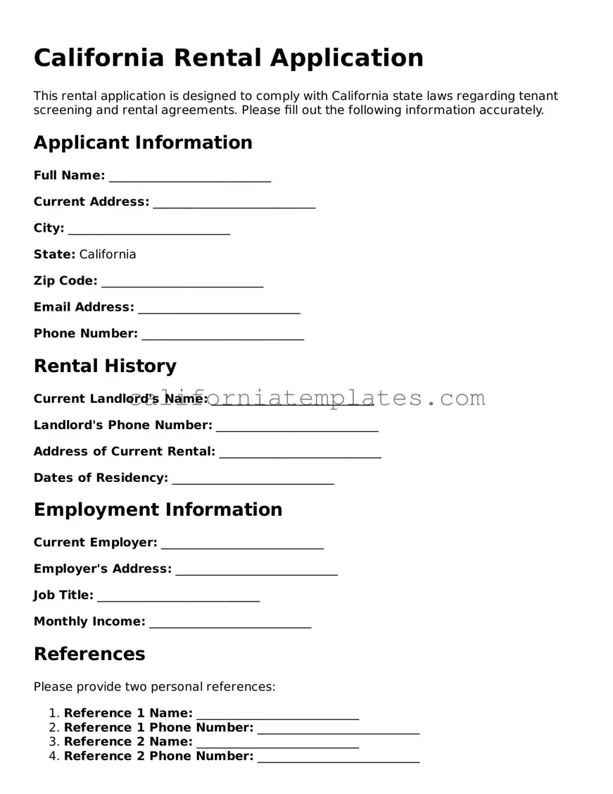 Printable  Rental Application Form for California