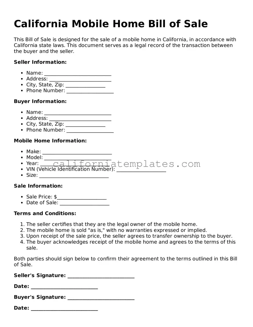 Printable  Mobile Home Bill of Sale Form for California