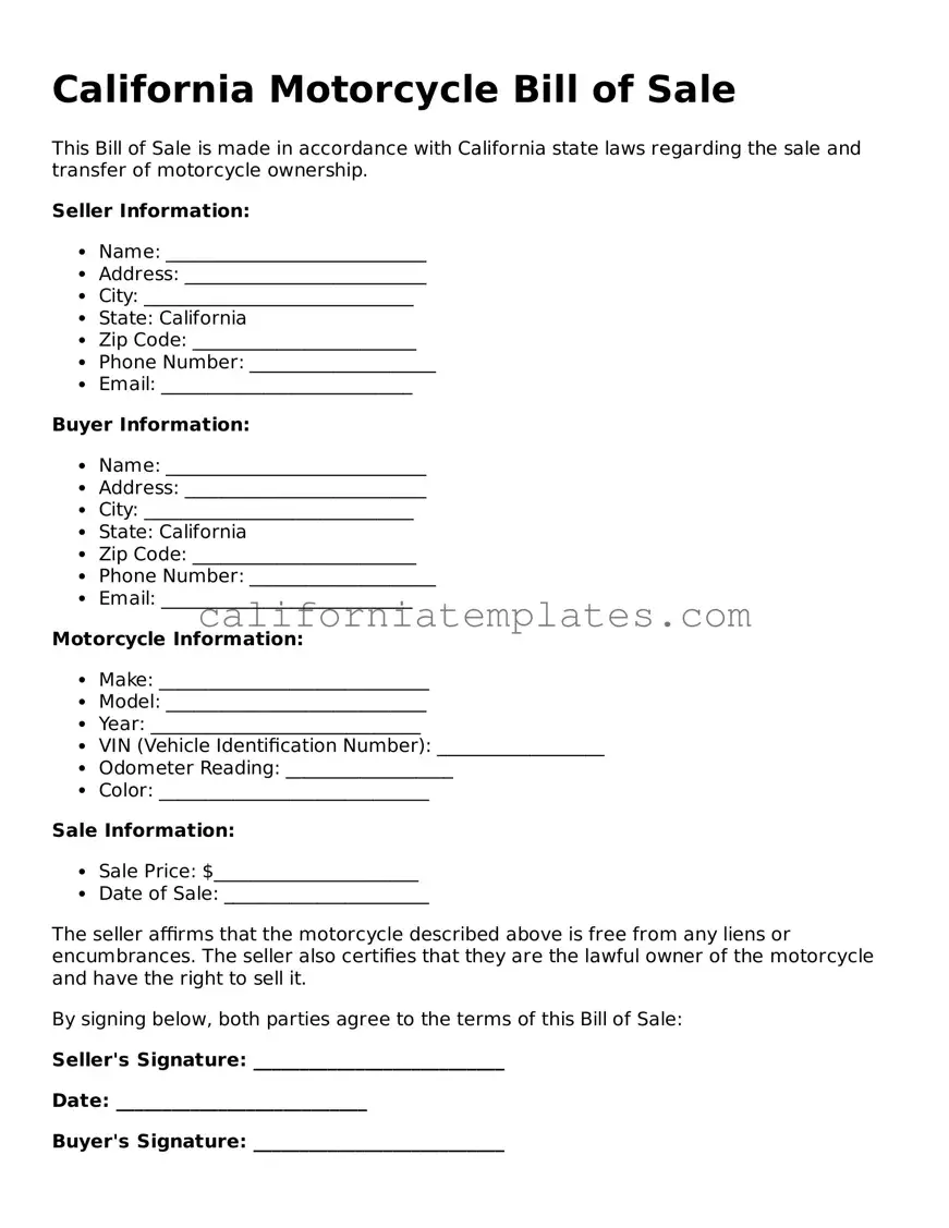 Printable  Motorcycle Bill of Sale Form for California