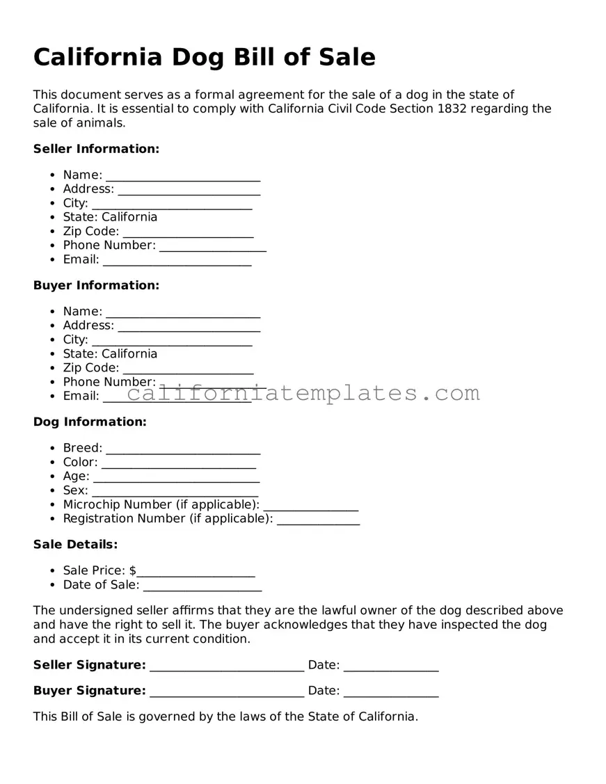 Printable  Dog Bill of Sale Form for California