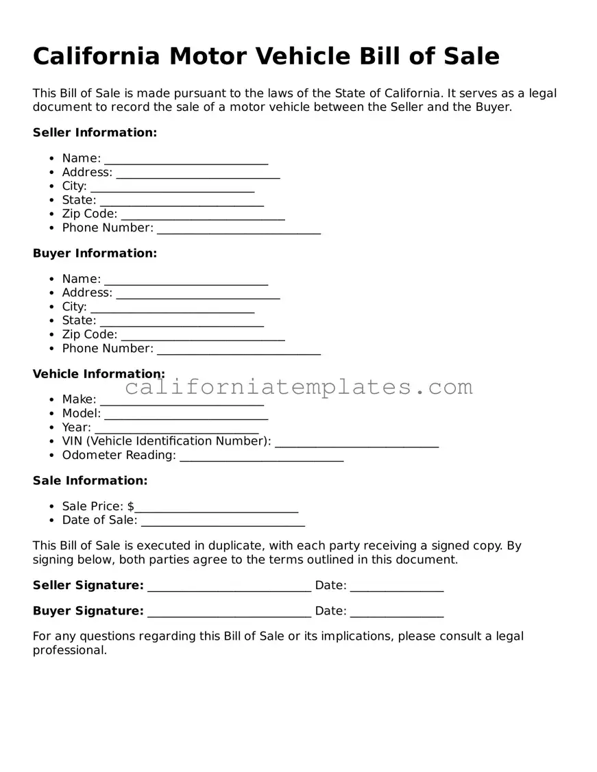Printable  Motor Vehicle Bill of Sale Form for California