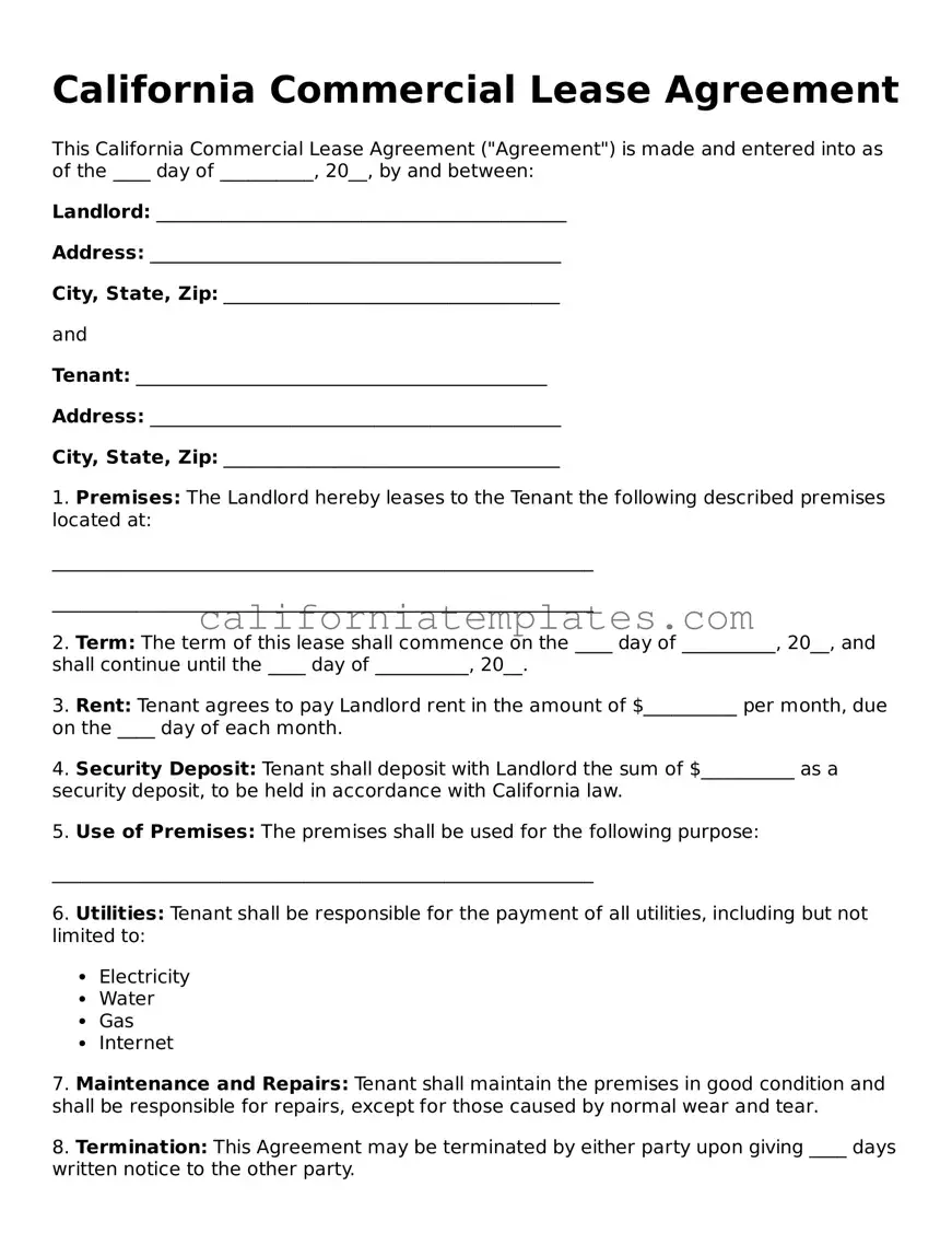 Printable  Commercial Lease Agreement Form for California