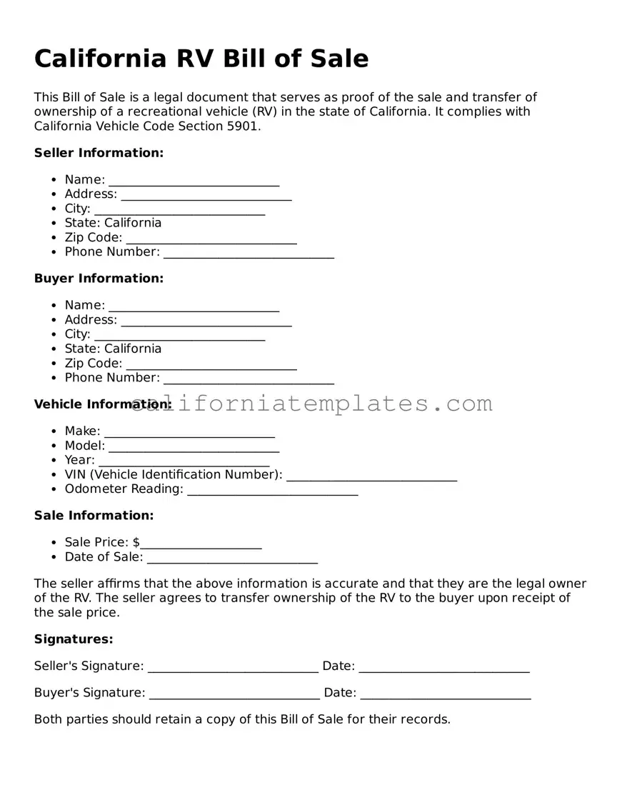 Printable  RV Bill of Sale Form for California