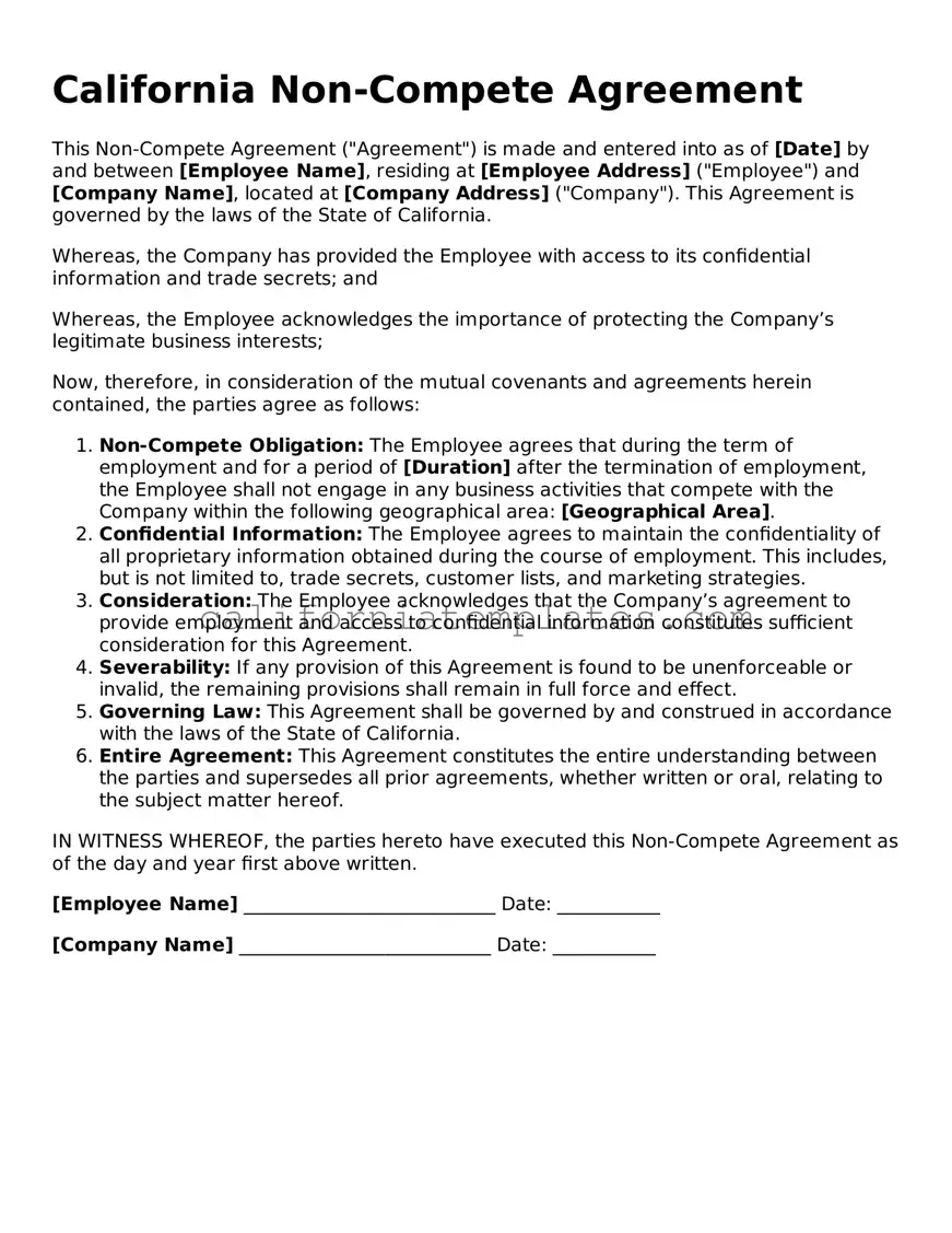 Printable  Non-compete Agreement Form for California