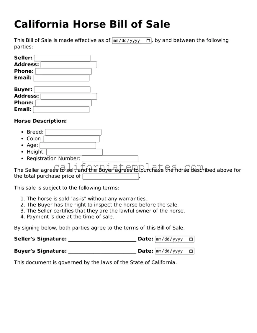 Printable  Horse Bill of Sale Form for California