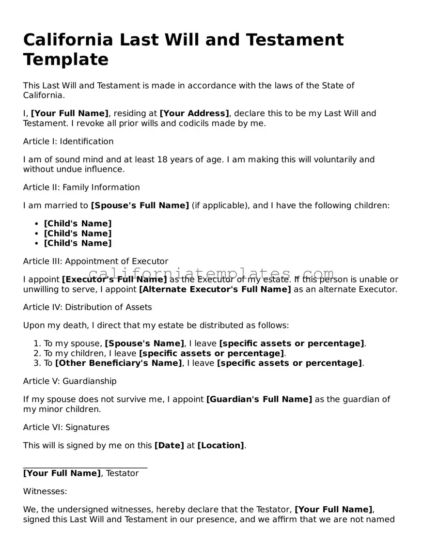 Printable  Last Will and Testament Form for California