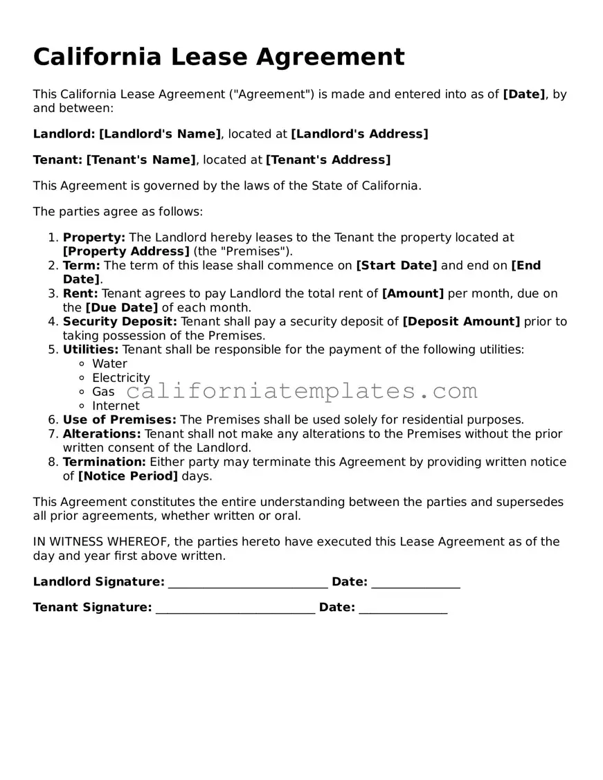 Printable  Lease Agreement Form for California