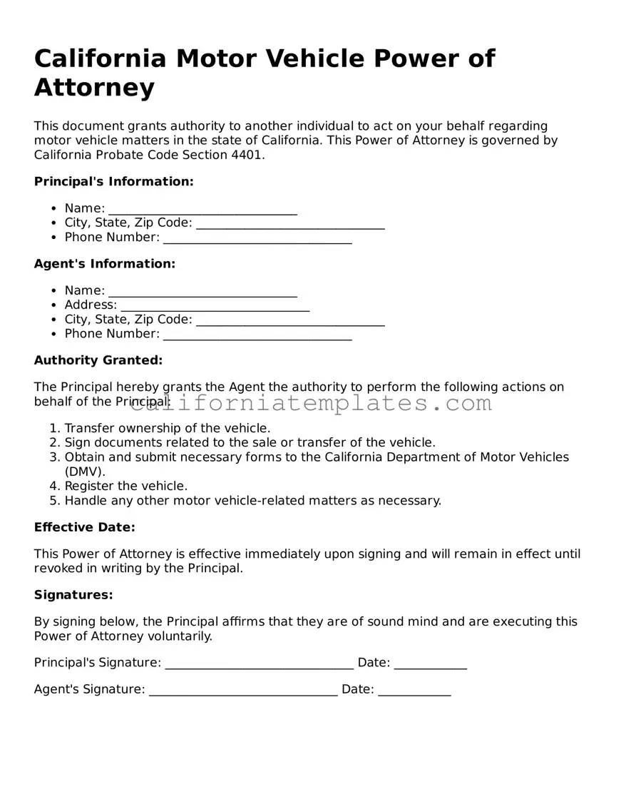 Printable  Motor Vehicle Power of Attorney Form for California