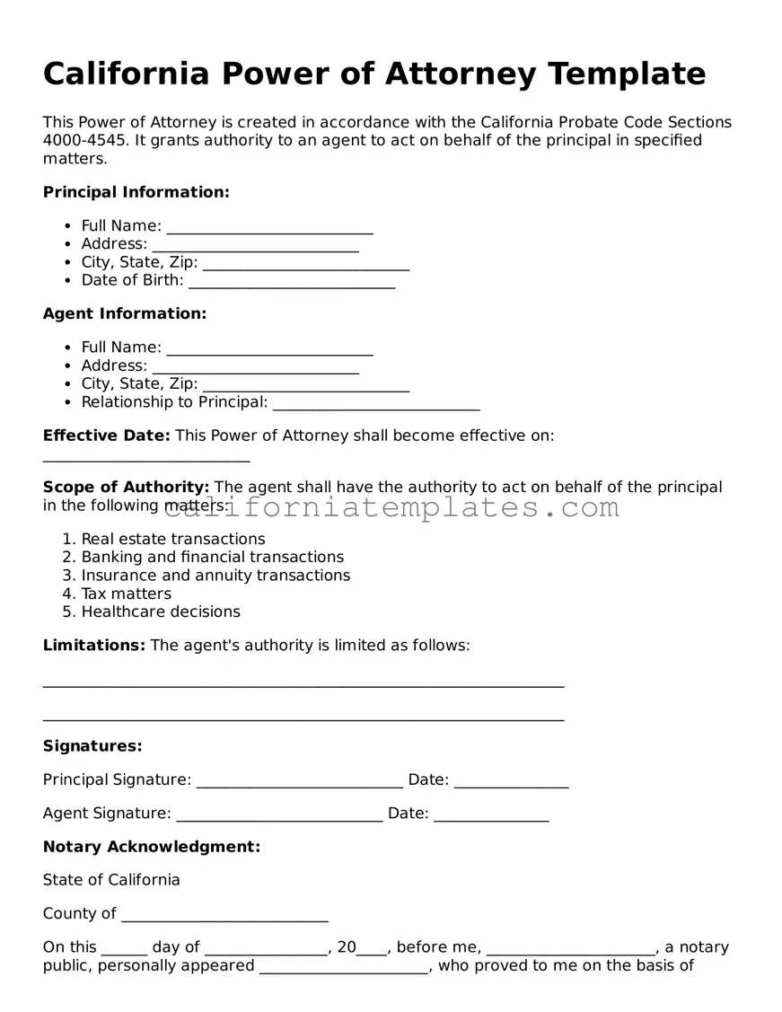 Printable  Power of Attorney Form for California