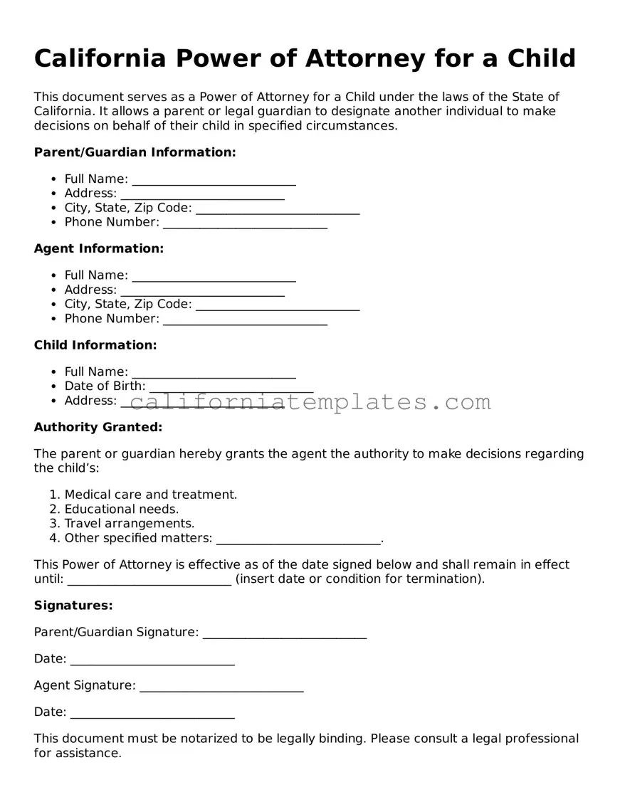 Printable  Power of Attorney for a Child Form for California