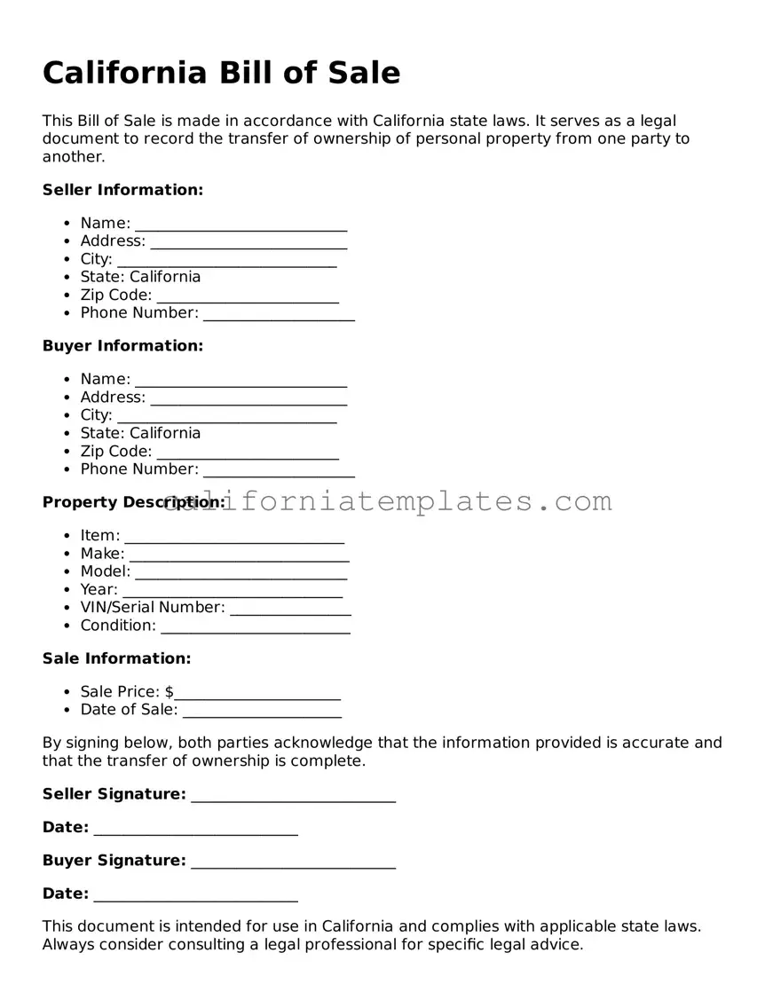 Printable  Bill of Sale Form for California