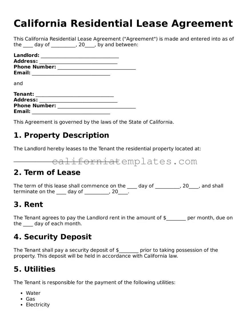 Printable  Residential Lease Agreement Form for California