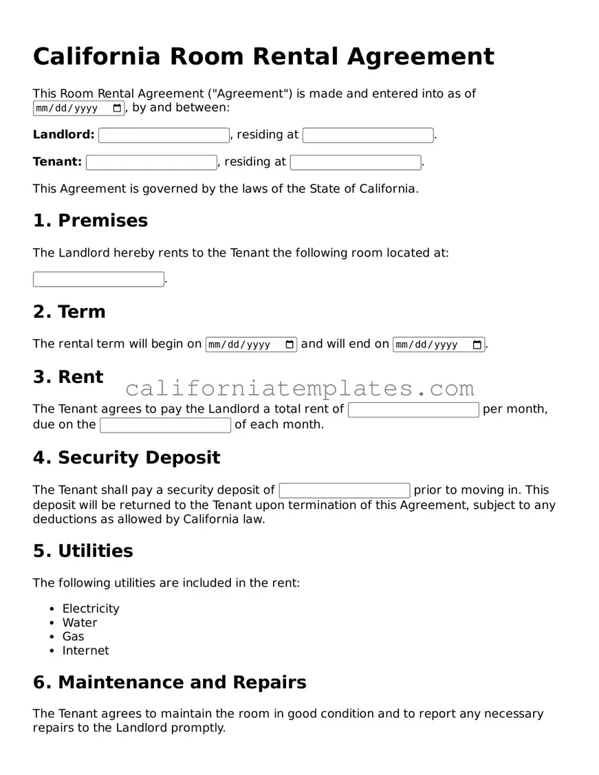 Printable  Room Rental Agreement Form for California