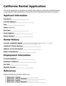 Printable  Rental Application Form for California