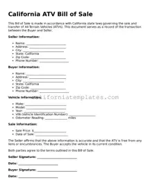 Printable  ATV Bill of Sale Form for California