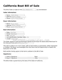 Printable  Boat Bill of Sale Form for California