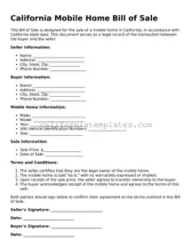 Printable  Mobile Home Bill of Sale Form for California