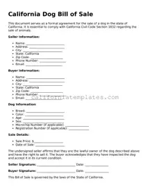 Printable  Dog Bill of Sale Form for California