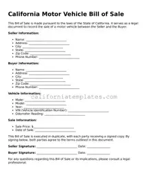 Printable  Motor Vehicle Bill of Sale Form for California