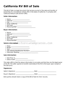 Printable  RV Bill of Sale Form for California