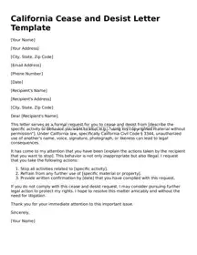 Printable  Cease and Desist Letter Form for California