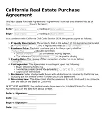Printable  Real Estate Purchase Agreement Form for California