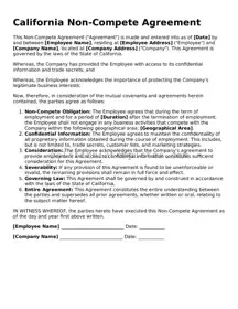 Printable  Non-compete Agreement Form for California