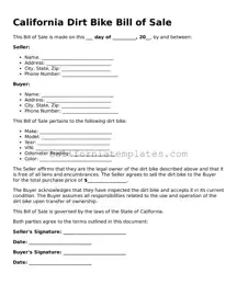 Printable  Dirt Bike Bill of Sale Form for California