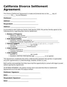 Printable  Divorce Settlement Agreement Form for California