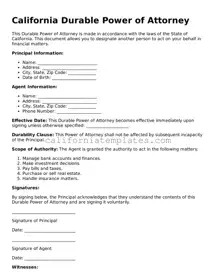 Printable  Durable Power of Attorney Form for California