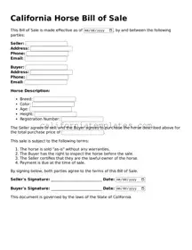 Printable  Horse Bill of Sale Form for California