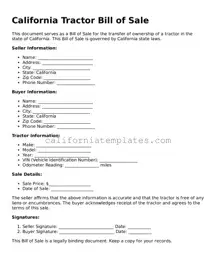 Printable  Tractor Bill of Sale Form for California