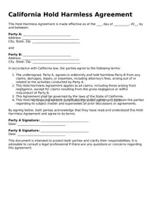 Printable  Hold Harmless Agreement Form for California