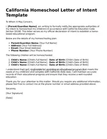 Printable  Homeschool Letter of Intent Form for California