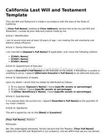 Printable  Last Will and Testament Form for California