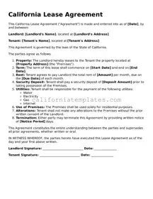 Printable  Lease Agreement Form for California