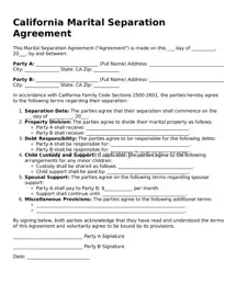 Printable  Marital Separation Agreement Form for California