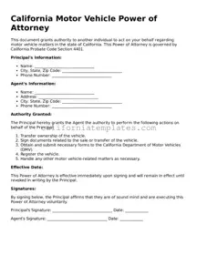 Printable  Motor Vehicle Power of Attorney Form for California