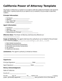 Printable  Power of Attorney Form for California