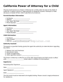 Printable  Power of Attorney for a Child Form for California