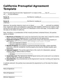 Printable  Prenuptial Agreement Form for California