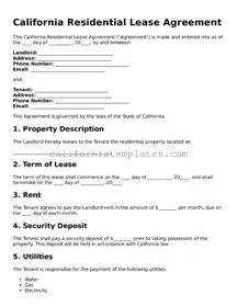 Printable  Residential Lease Agreement Form for California