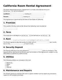 Printable  Room Rental Agreement Form for California