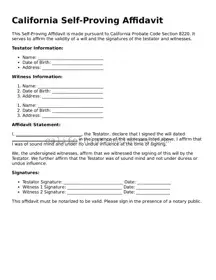 Printable  Self-Proving Affidavit Form for California