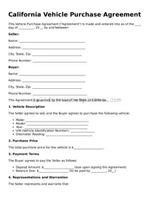 Printable  Vehicle Purchase Agreement Form for California