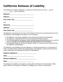 Printable  Release of Liability Form for California