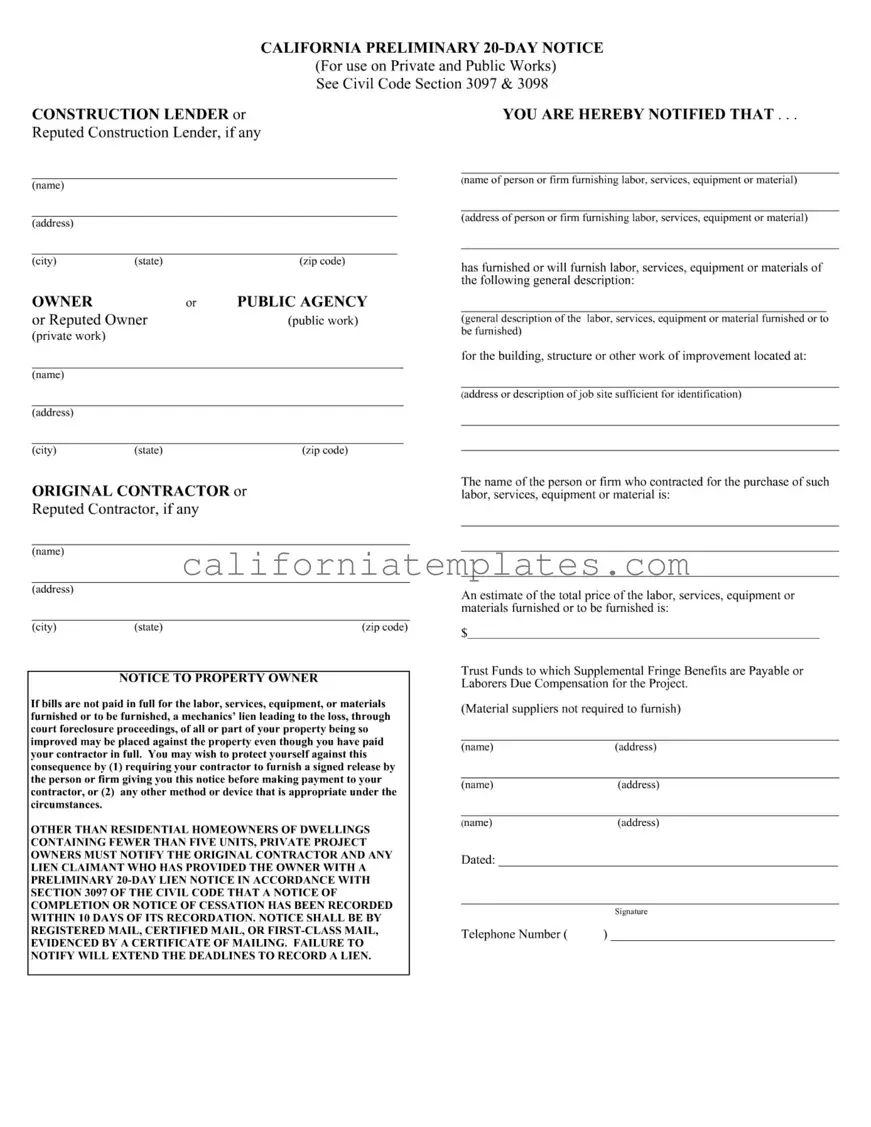 Fill Out Your California Preliminary 20 Day Notice Template
